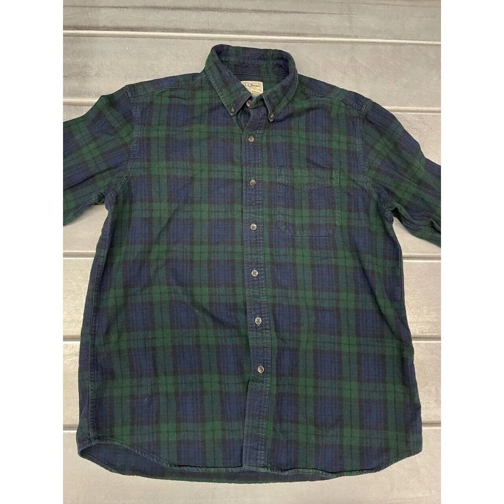 LL Bean Button Up Shirt Mens Large Green‎ Plaid Traditional Fit Casual